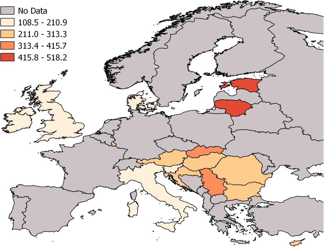 Age-standardized TBI YLL rates per 100,000 persons in 16 European countries in 2013.