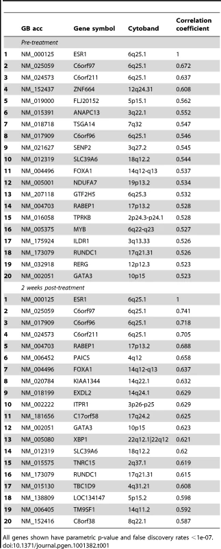 Genes positively correlated with <i>ESR1</i> gene expression ranked according to Spearman correlation.