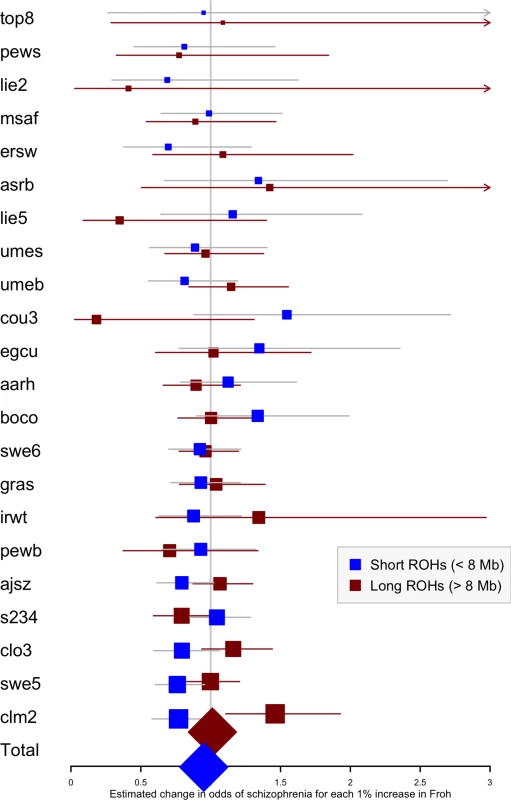 Forest plot of the change in odds of schizophrenia risk for each 1% increase in <i>Froh</i> due to short (&lt; 8 Mb, blue) or long (&gt; 8 Mb, red) ROHs for each sample in the replication.