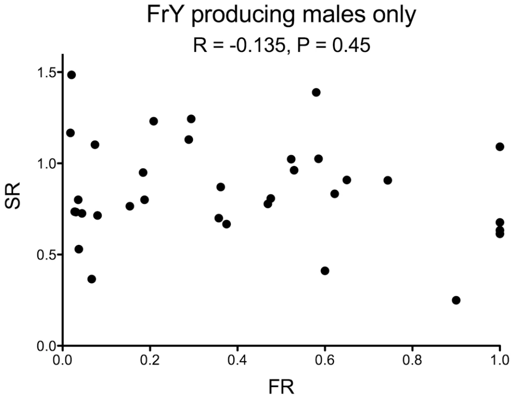 Fragment ratio (FR) vs. Sex Ratio (SR) of individual males that produced any <i>FrY</i> offspring (heat-shocked <i>y w 70FLP/DcY, H1</i> males).