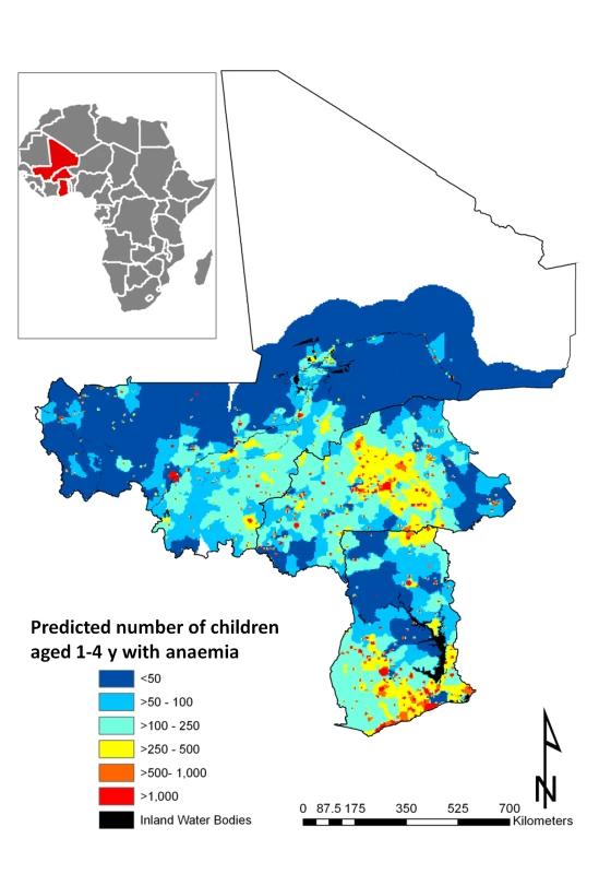 Predictive geographical variation of number of children aged 1–4 y with anaemia, for 2011.