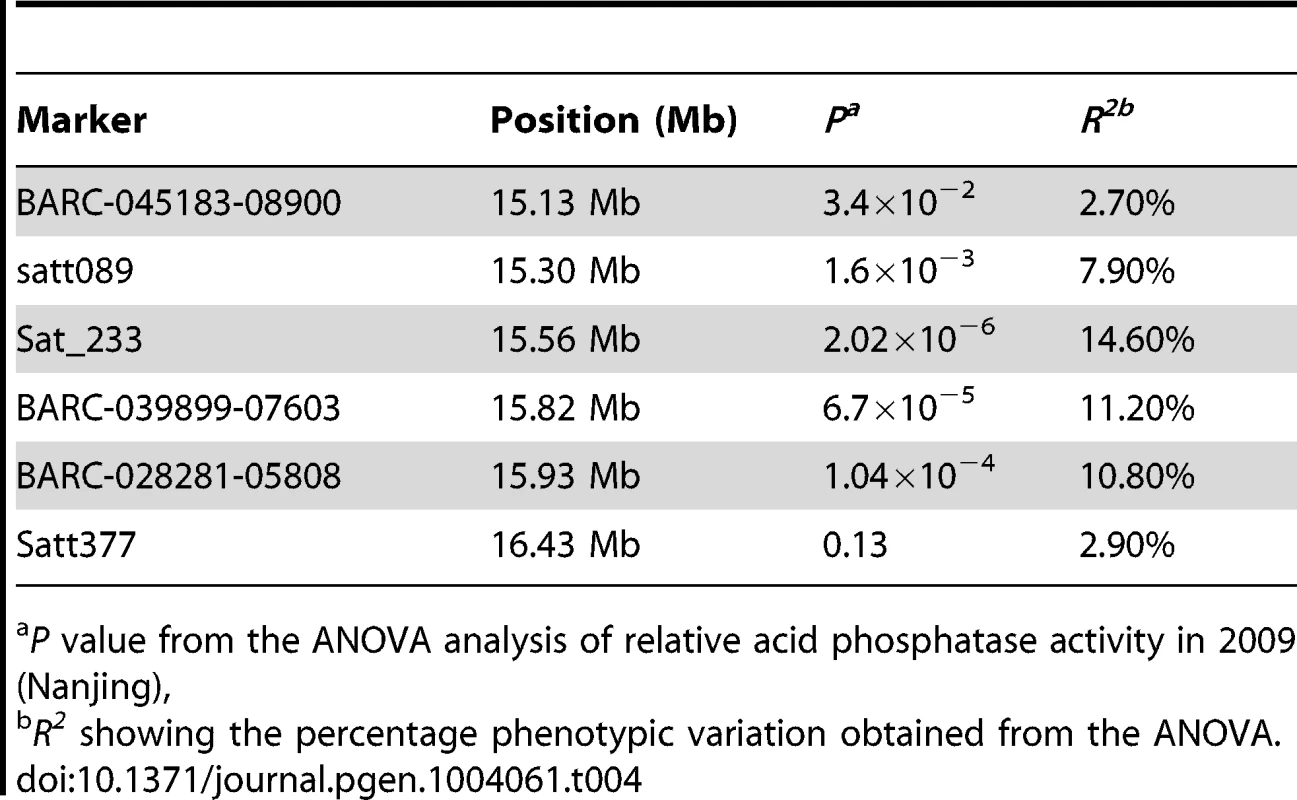 Markers associated with the relative acid phosphatase activity (RAPA) in two phosphorus conditions and their phenotypic variations.