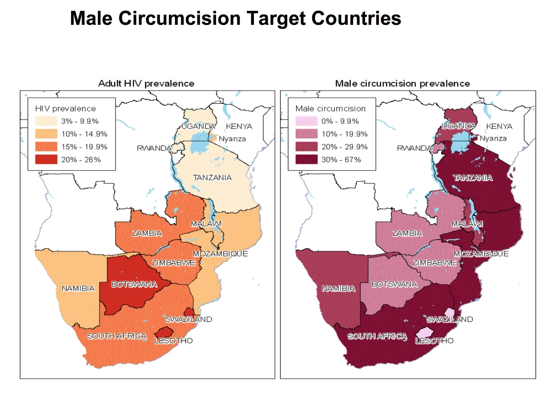 Geographic distribution of HIV and male circumcision prevalence.
