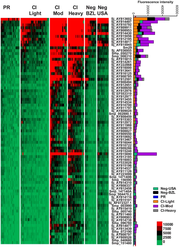 IgE reactivity profiles of resistant and susceptible human cohorts to <i>Schistosoma</i> proteins printed on a proteome microarray.