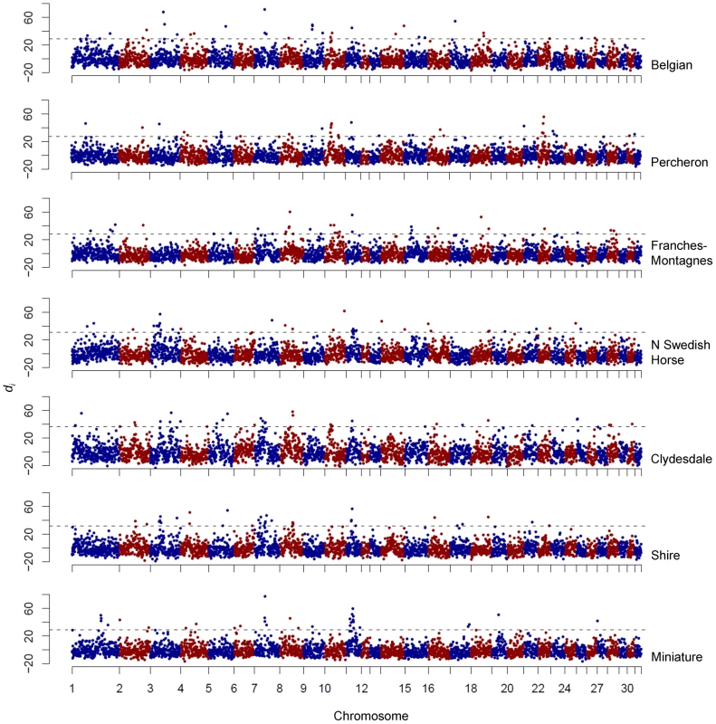Genome-wide <i>d<sub>i</sub></i> values displaying significance of ECA11 across draft breeds and the Miniature Horse.