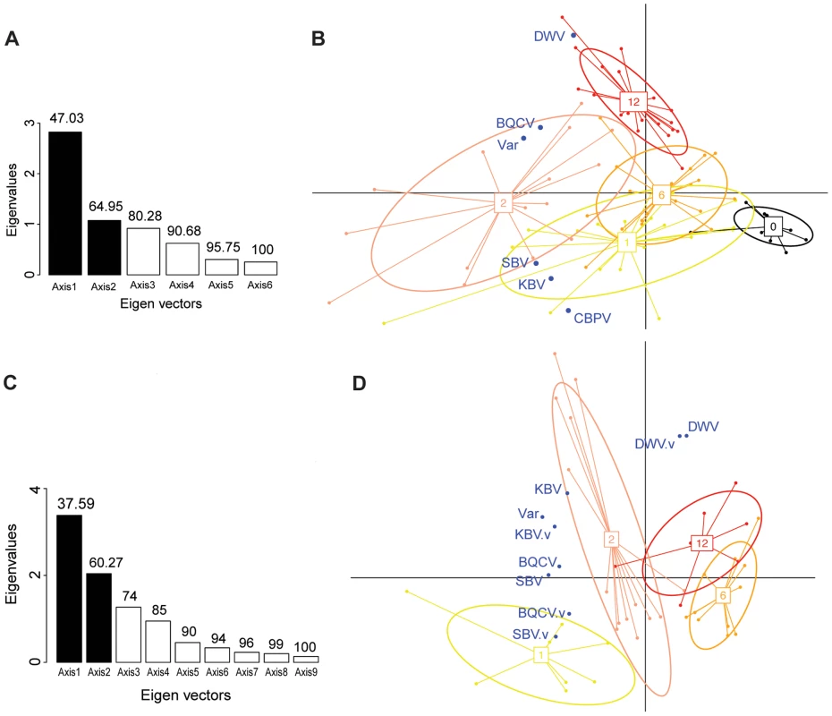 Principal component analyses of pathogen titres in honeybee and <i>Varroa</i> samples.