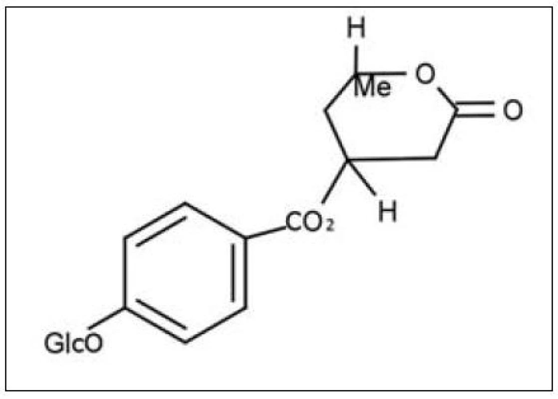 Strukturní vzorec sloučeniny zvané pashaanolacton, izolované z Bergenia ligulata (Wall.) Engl.&lt;sup&gt;16)&lt;/sup&gt;