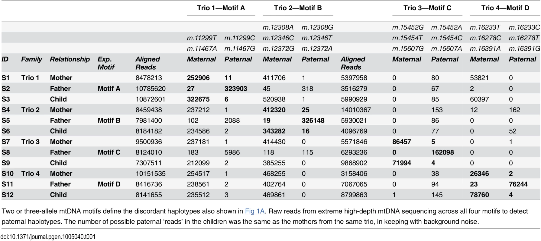 Frequency of rare haplotypes in trios with discordant paternal and maternal mitochondrial DNA.