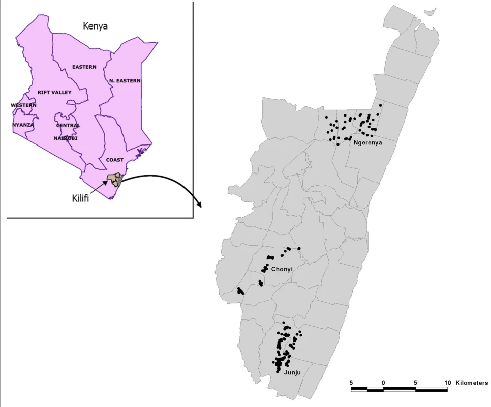 The distribution of homesteads monitored in the three cohorts is shown within Kilifi District.