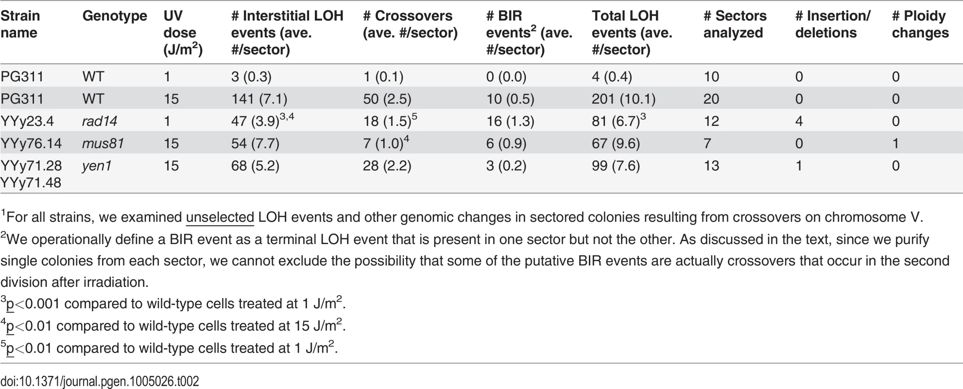 Numbers of unselected UV-induced LOH events, deletions/duplications, and chromosome number changes in sectored colonies derived from UV-treated wild-type, <i>rad14</i>, <i>mus81</i>, and <i>yen1</i> diploids.<em class=&quot;ref&quot;><sup>1</sup></em>