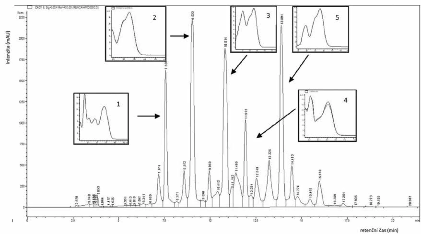  HPLC analýza methanolického extraktu H. petiolare s UV spektry dominantních látek
