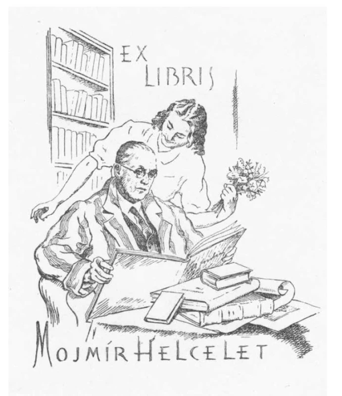 Knižní značka Mojmíra Helceleta s dcerou Evou (Miroslav Fridrich, klišé, 1942,
Památník písemnictví na Moravě)