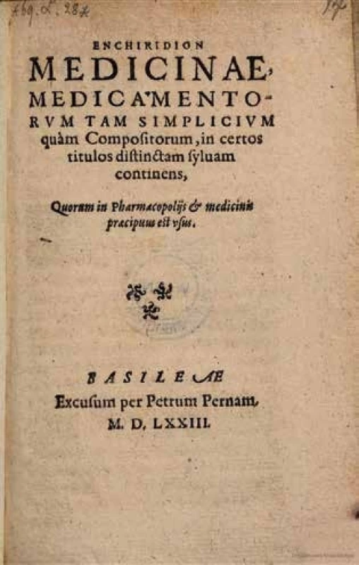 Titulná strana Enchiridion medicinae z roku 1573